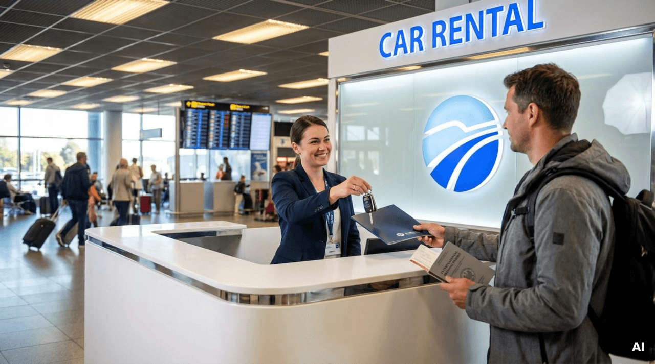 A modern car rental counter inside an airport with a smiling agent handing keys to a traveler.